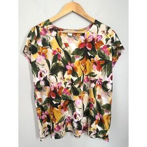 TanJay Floral Print Top Womens Size L Large Colorful Short‎ Sleeve Blouse Shirt